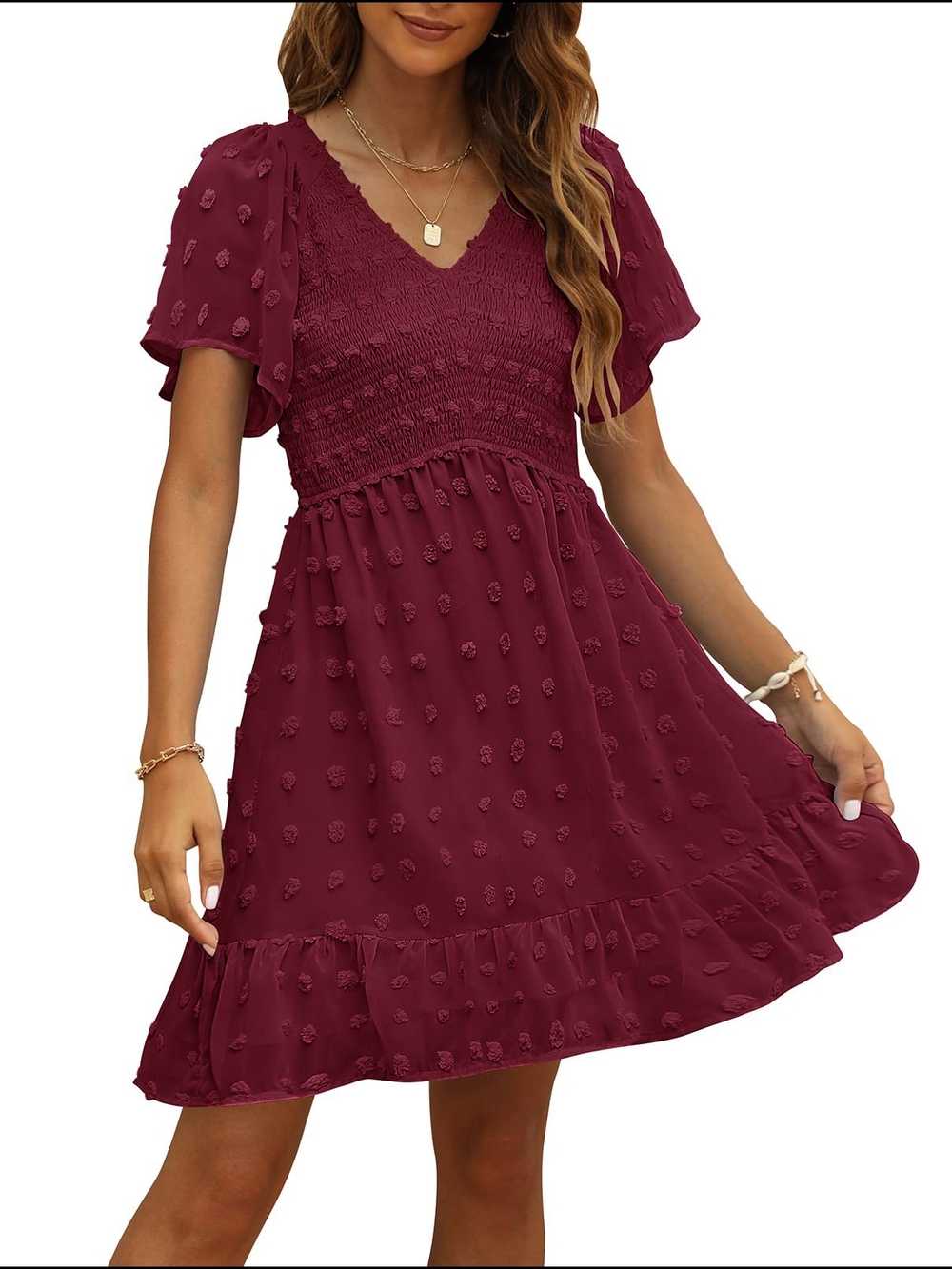 Women’s Burgundy Smocked V-Neck Babydoll Dress